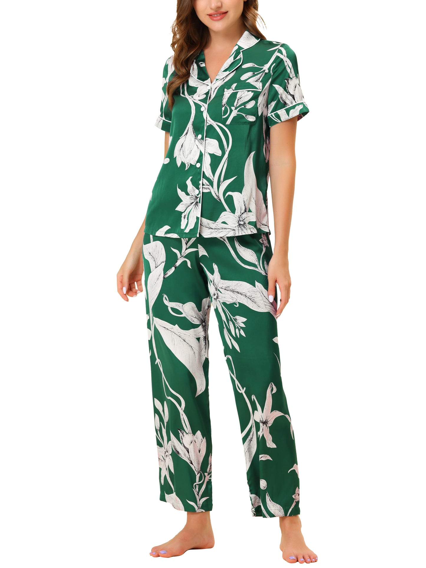 cheibear Pajama Set Silk Short Sleeves and Pants Floral Satin Sets Green