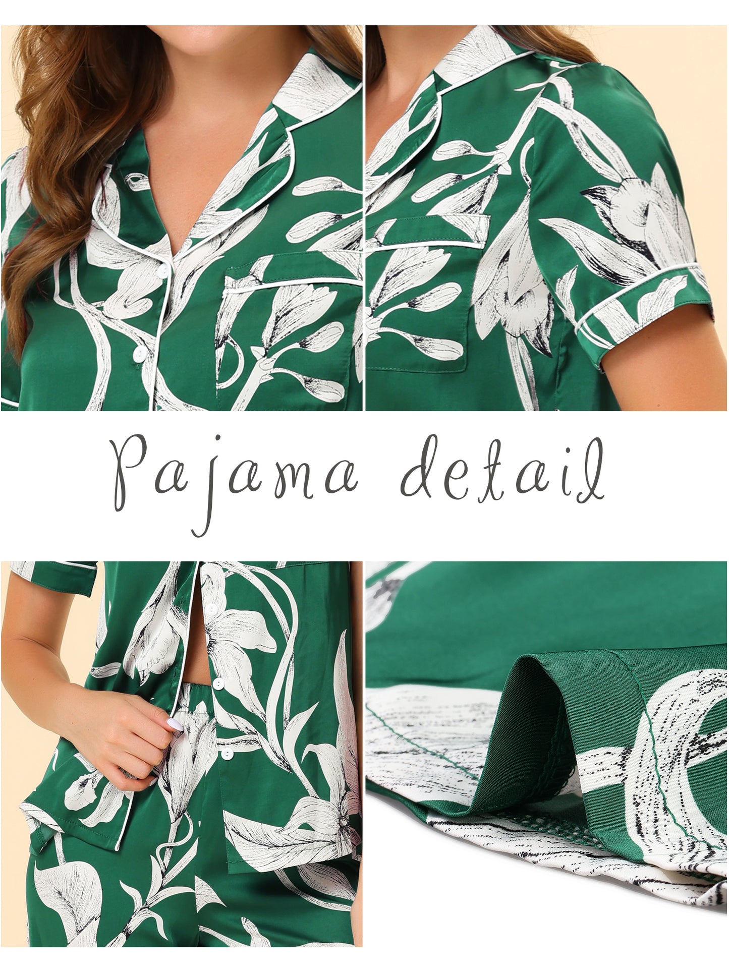 cheibear Pajama Set Silk Short Sleeves and Pants Floral Satin Sets Green