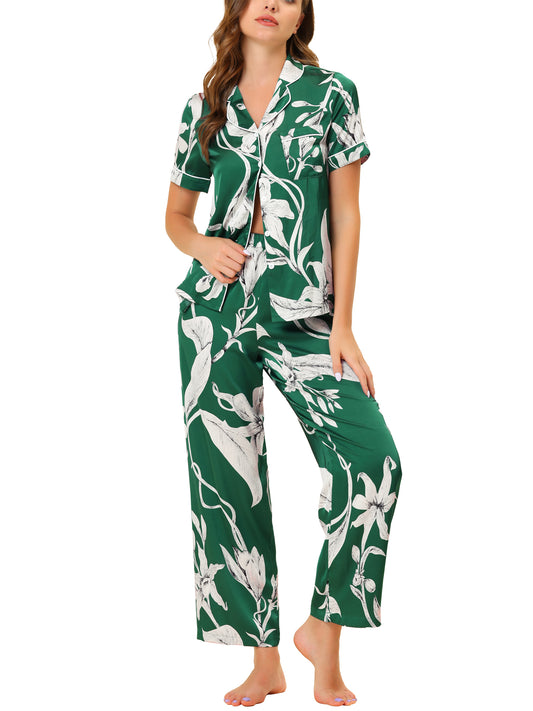 cheibear Pajama Set Silk Short Sleeves and Pants Floral Satin Sets Green