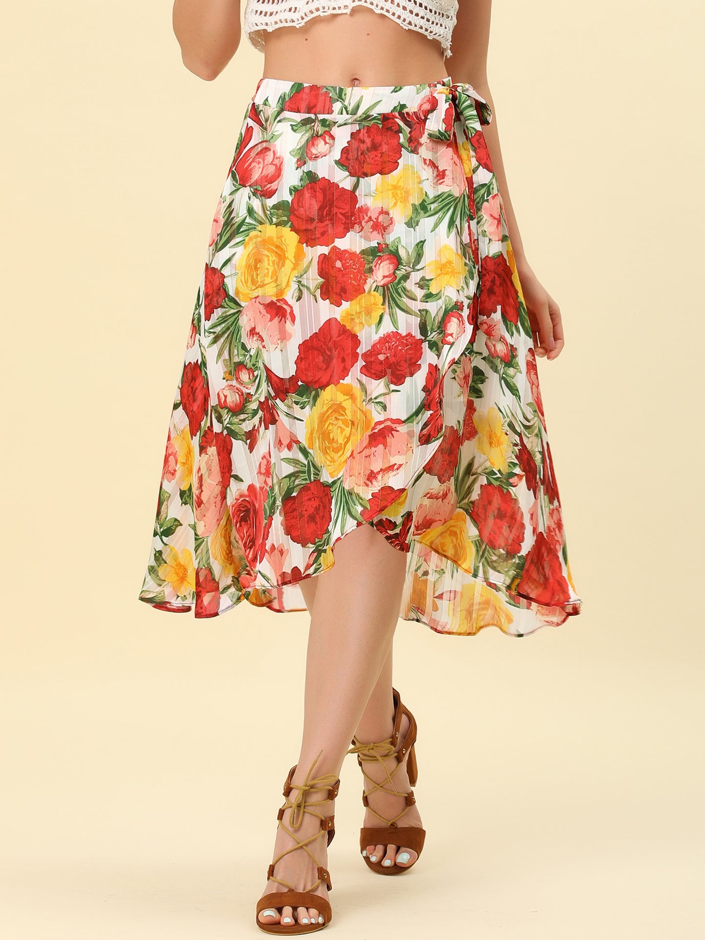 Falda hawaiana tropical para mujer con volantes, dobladillo plisado, lazo cruzado y estampado floral brillante