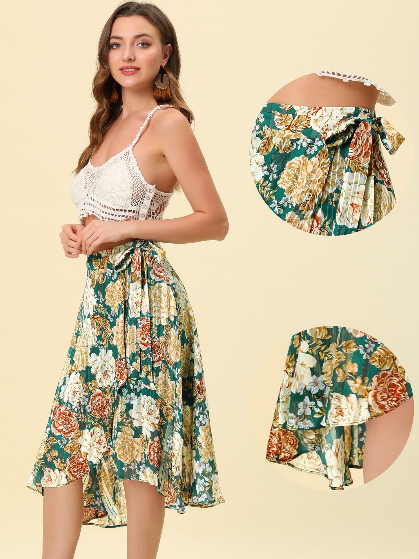 Women's Hawaiian Tropical Skirt Ruffle Pleated Hem Tie Wrap Glitter Floral Skirts