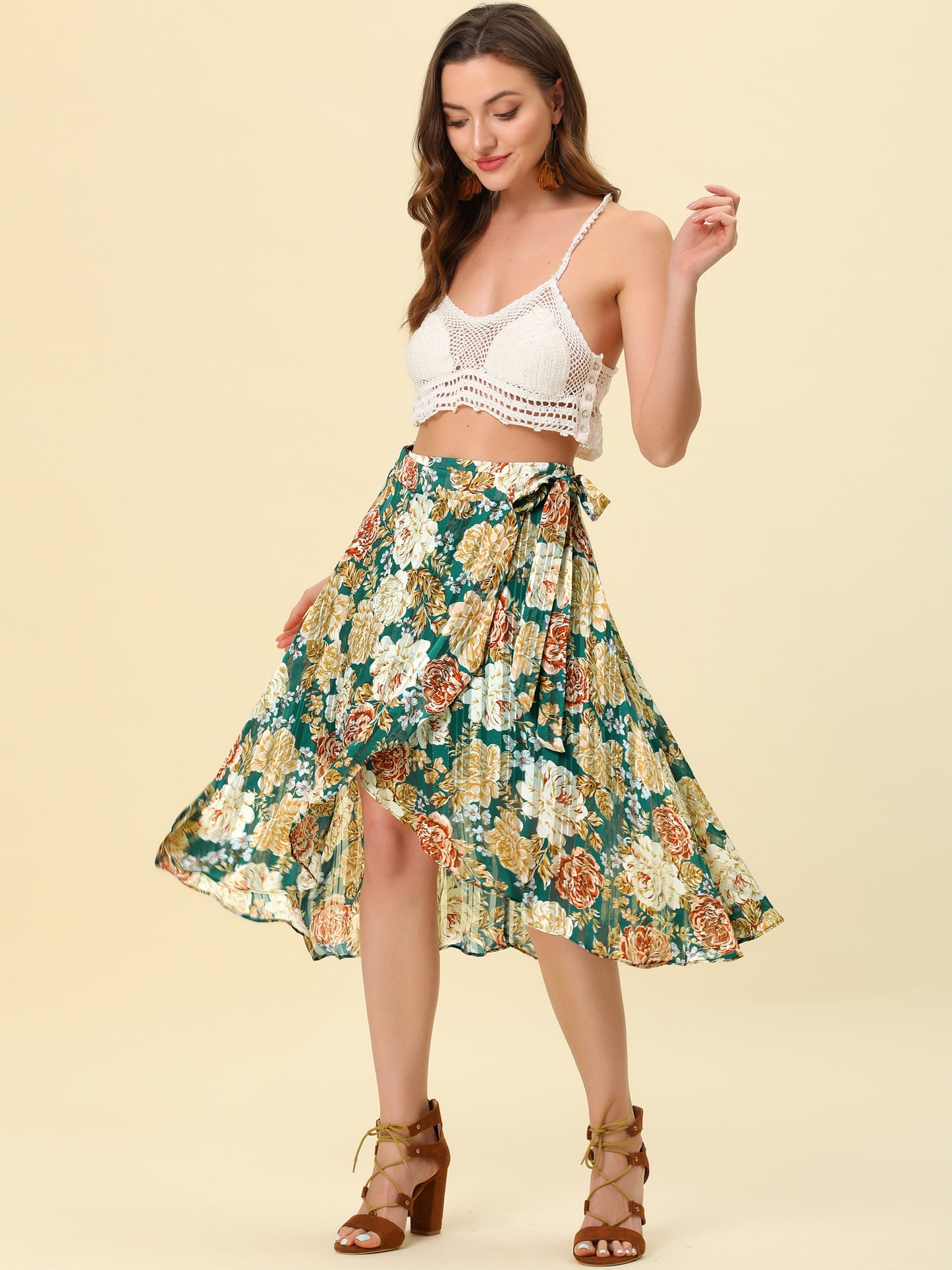 Women's Hawaiian Tropical Skirt Ruffle Pleated Hem Tie Wrap Glitter Floral Skirts
