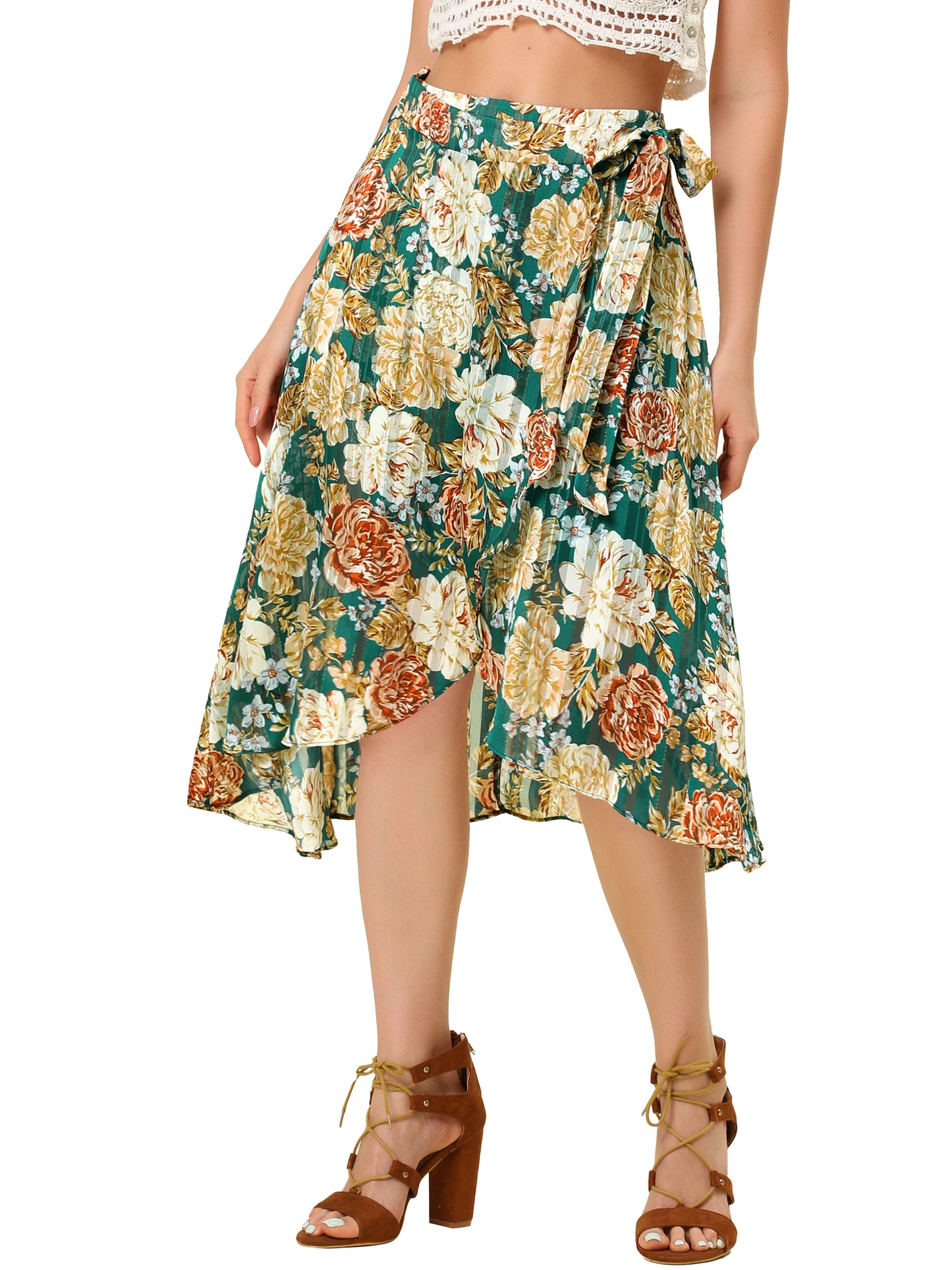 Women's Hawaiian Tropical Skirt Ruffle Pleated Hem Tie Wrap Glitter Floral Skirts
