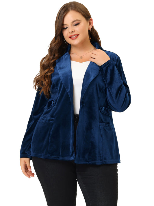 Chaqueta informal de terciopelo con solapa con muescas y botones, estilo vintage, para mujer, talla grande