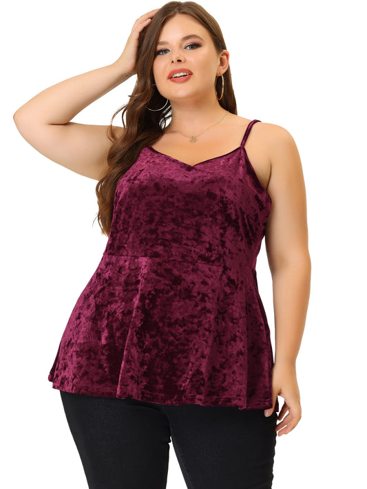 Women Plus Size Cami Top Adjustable Strap Sleeveless Velvet Peplum Camisole