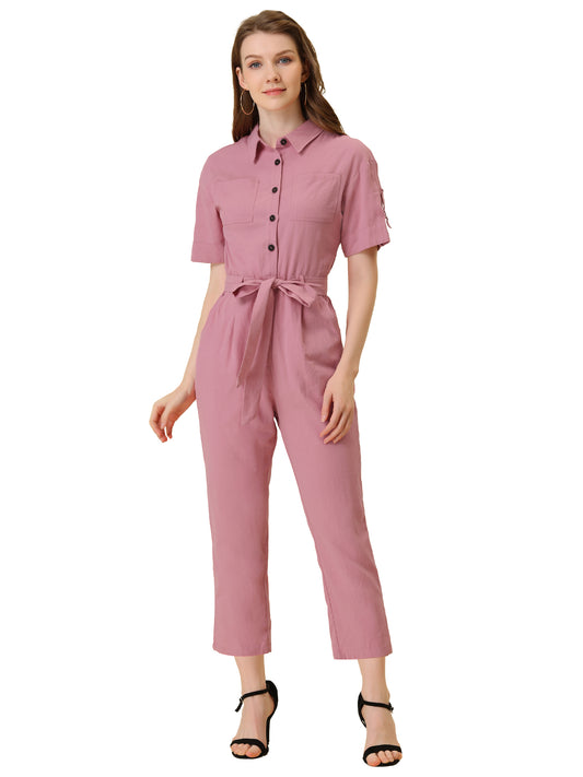 Women's Short Sleeve Collared Cropped Coverall  Button Down Tie Waist Cotton Cargo Jumpsuit