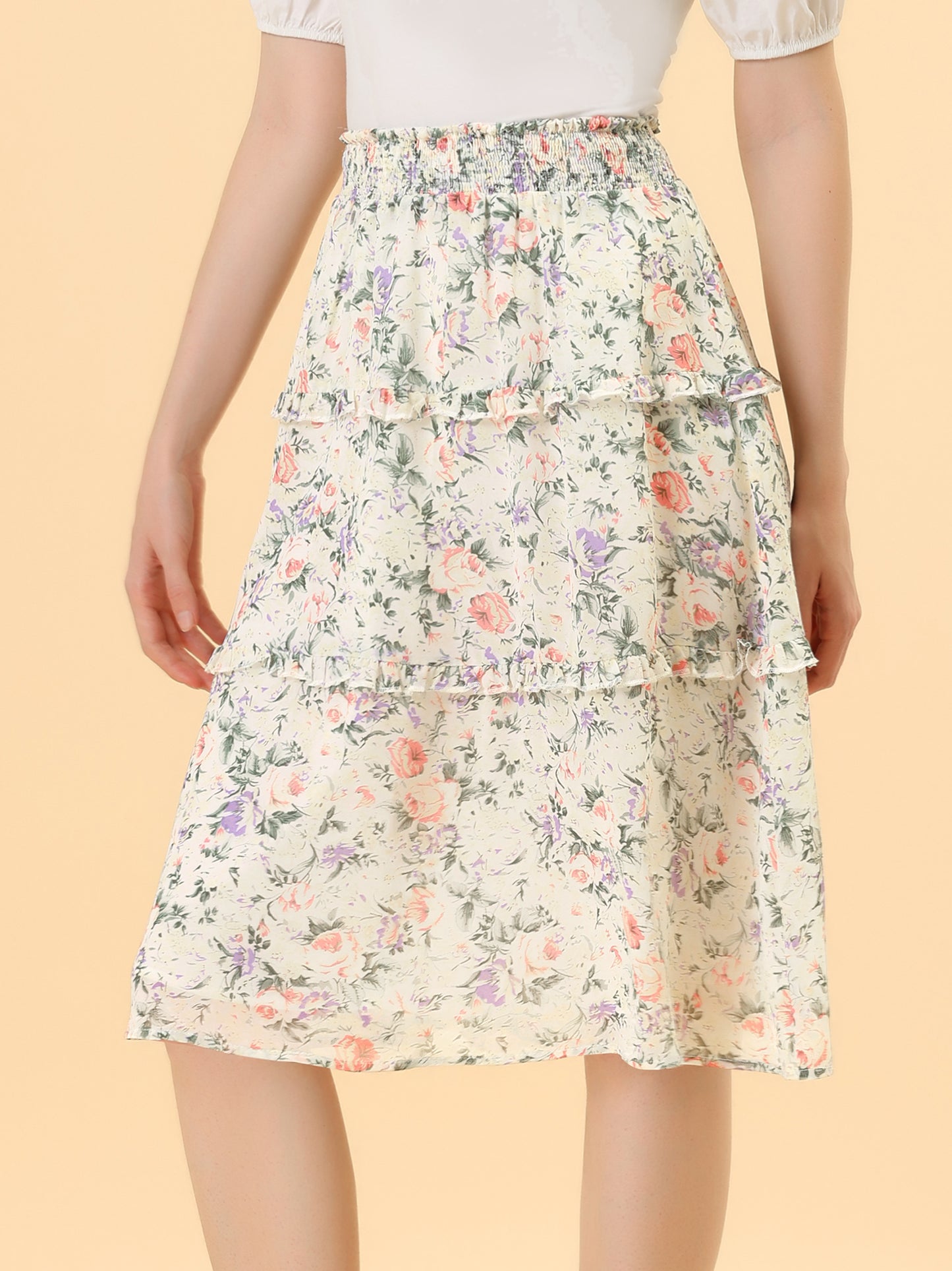 Faldas florales para mujer, primavera, fruncidas, cintura elástica, corte A, por debajo de la rodilla, falda con volantes escalonados