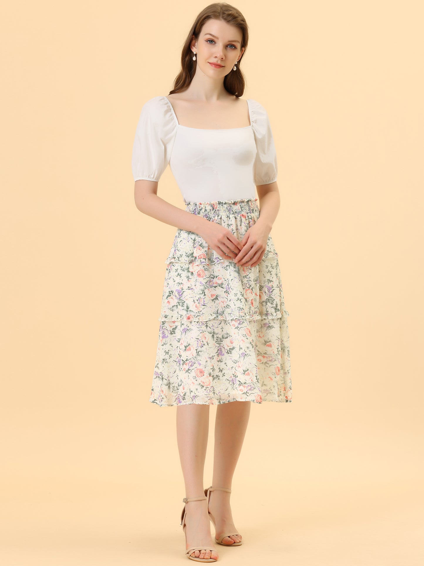 Faldas florales para mujer, primavera, fruncidas, cintura elástica, corte A, por debajo de la rodilla, falda con volantes escalonados