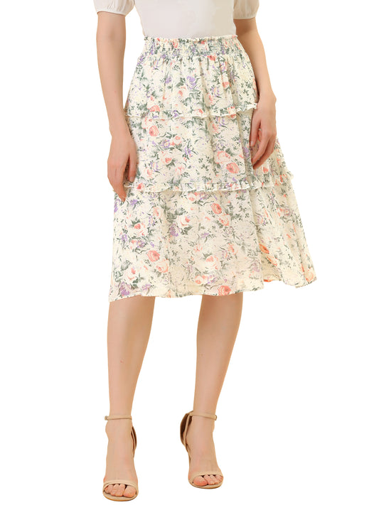 Women's Floral Skirts Spring Smocked Elastic Waist A-Line Below Knee Length Ruffle Tiered Skirt