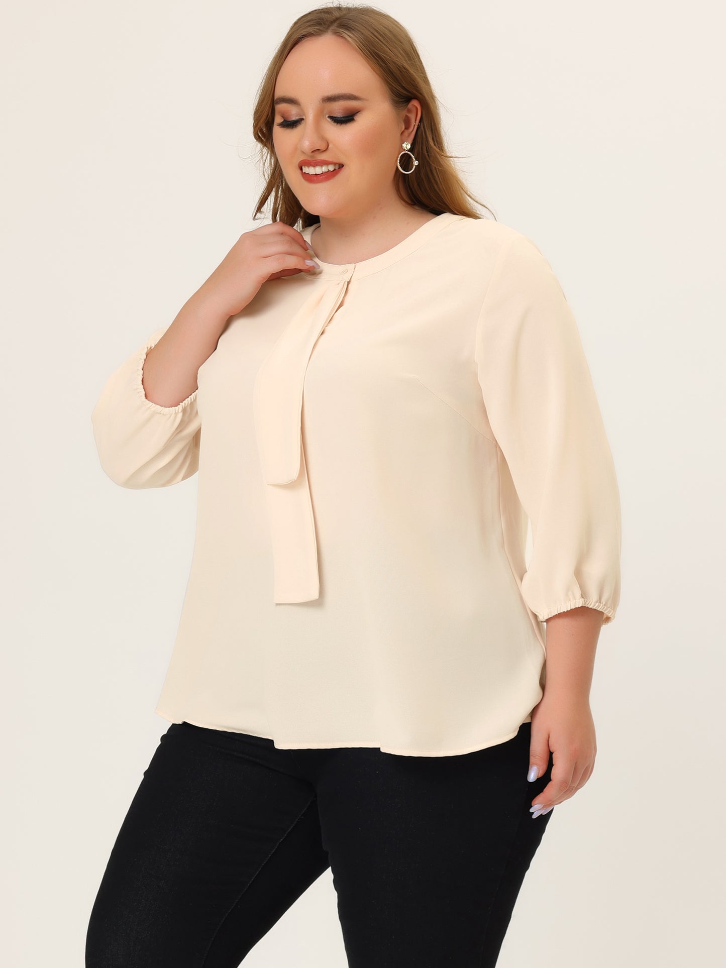 Blusa de gasa con cuello redondo y volantes para mujer, talla grande