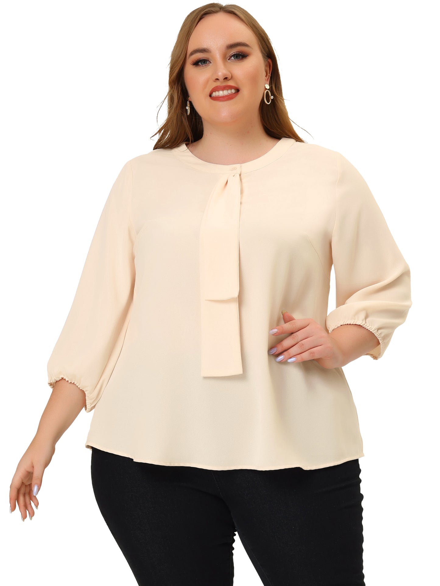 Blusa de gasa con cuello redondo y volantes para mujer, talla grande