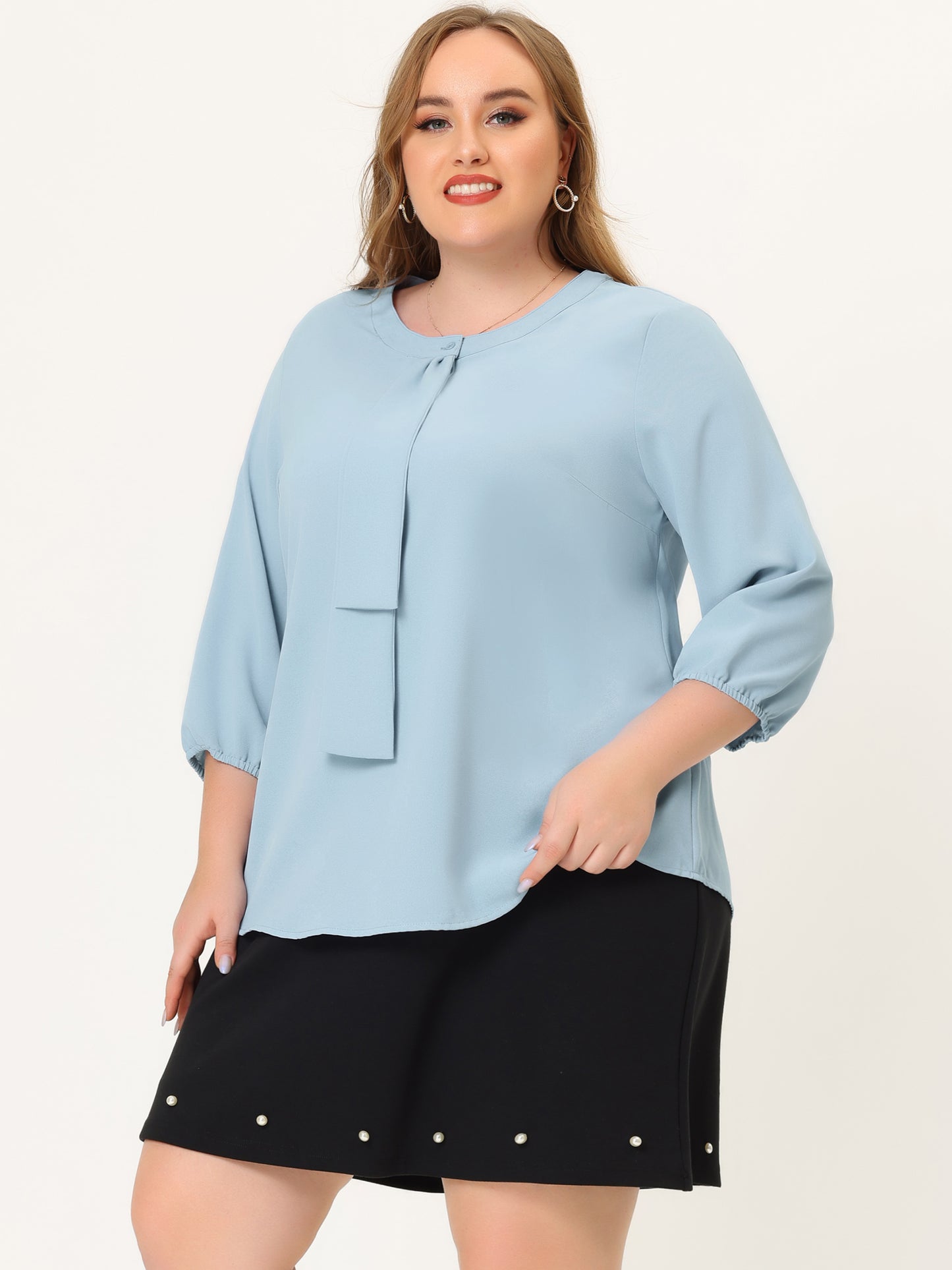Blusa de gasa con cuello redondo y volantes para mujer, talla grande