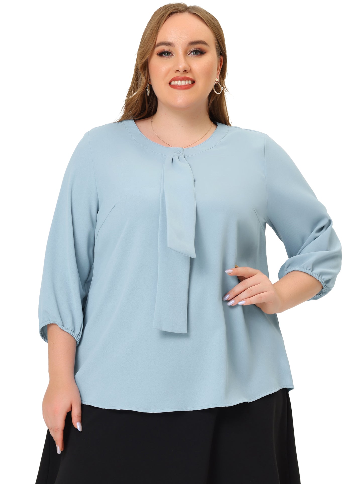 Blusa de gasa con cuello redondo y volantes para mujer, talla grande
