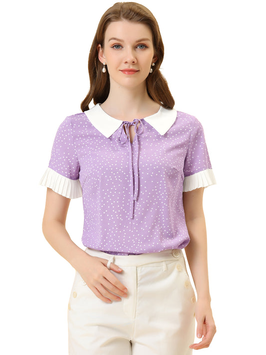 Blusa de manga corta con lunares y cuello de muñeca en contraste para mujer
