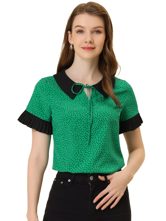 Blusa de manga corta con lunares y cuello de muñeca en contraste para mujer