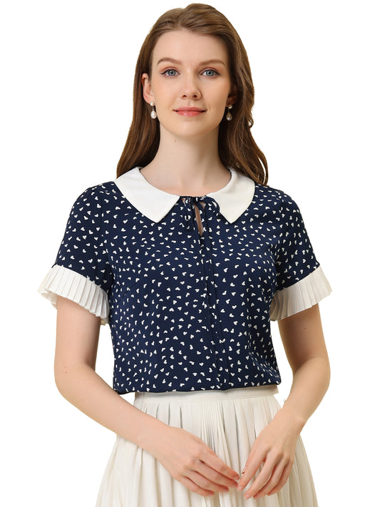 Blusa de manga corta con lunares y cuello de muñeca en contraste para mujer