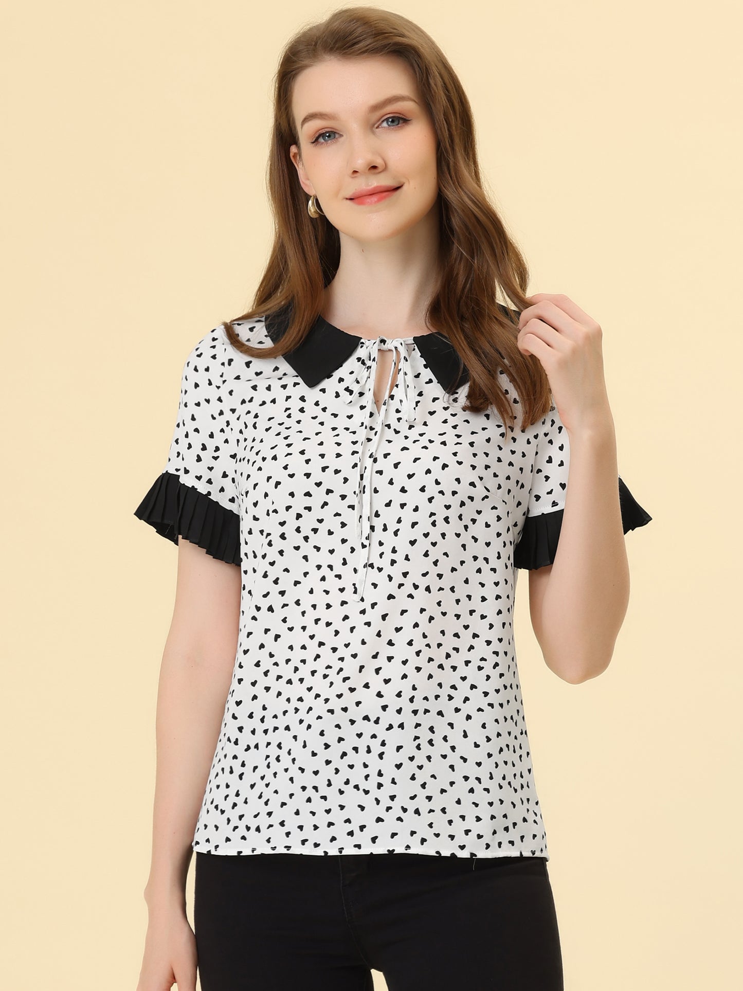 Women's Contrast Doll Collar Polka Dots Short Sleeves Blouse Shirt Top