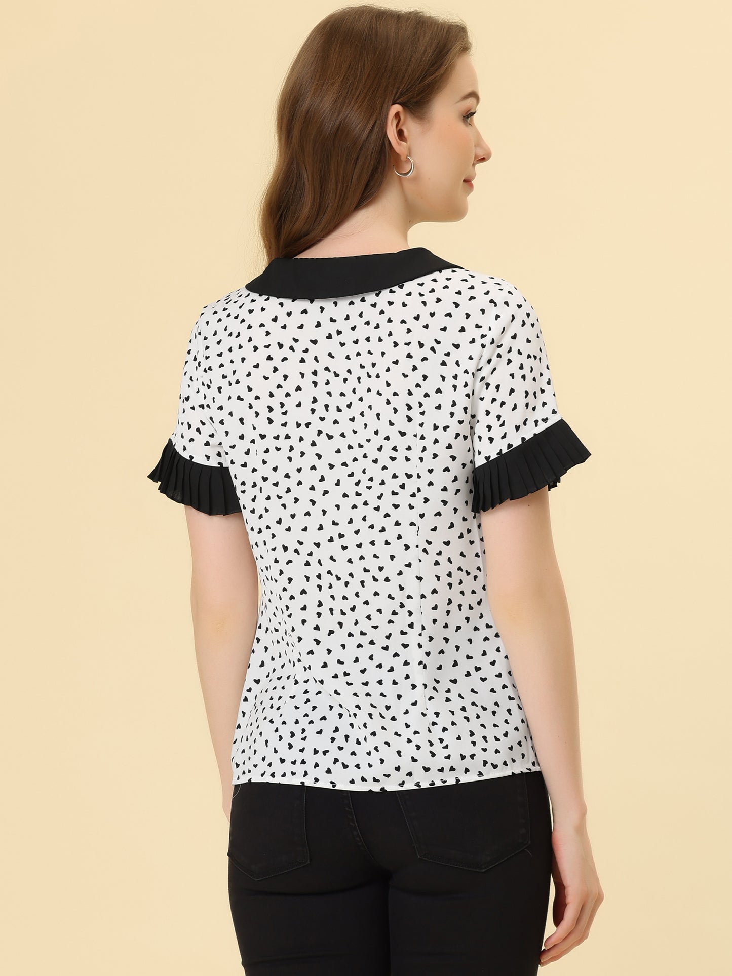 Women's Contrast Doll Collar Polka Dots Short Sleeves Blouse Shirt Top