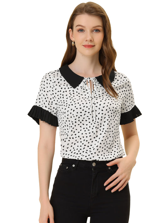 Women's Contrast Doll Collar Polka Dots Short Sleeves Blouse Shirt Top
