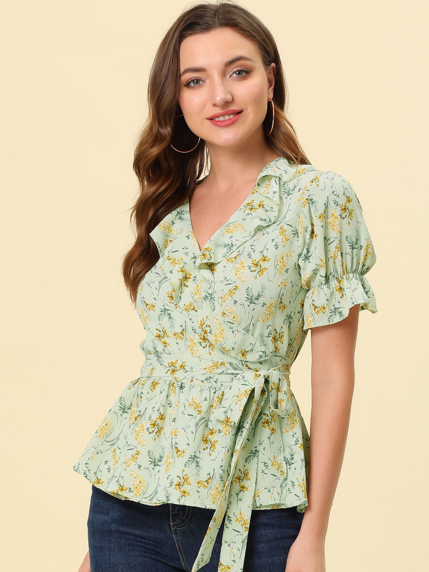 Women's Peplum Top Crossover V Neck Ruffle Wrap Blouse