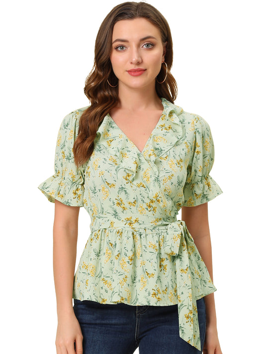 Women's Peplum Top Crossover V Neck Ruffle Wrap Blouse