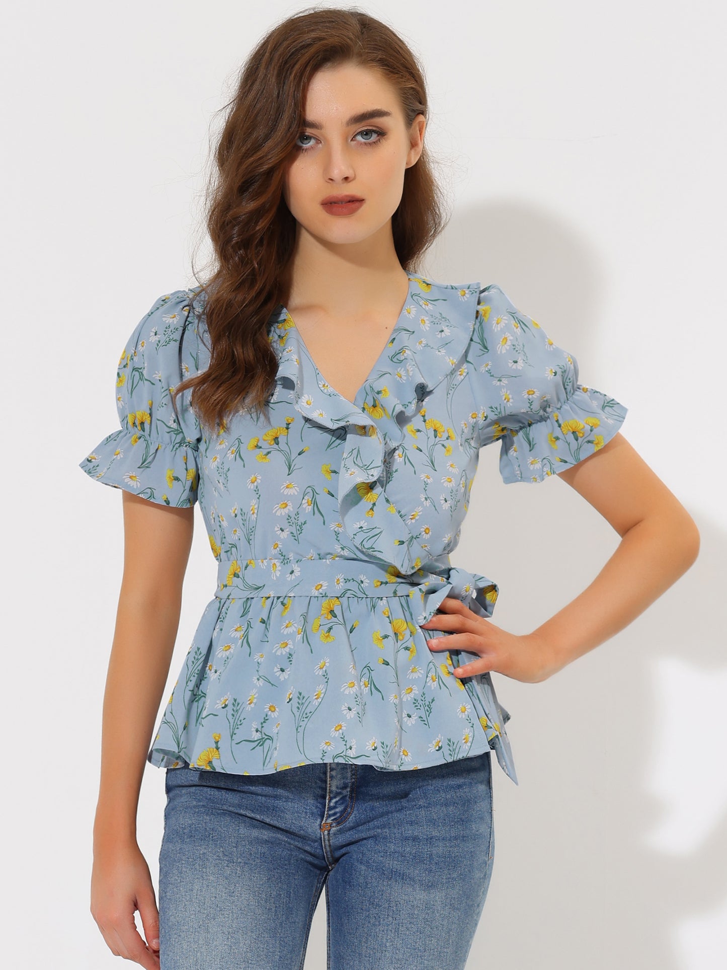 Blusa cruzada con volantes y cuello en V cruzado para mujer