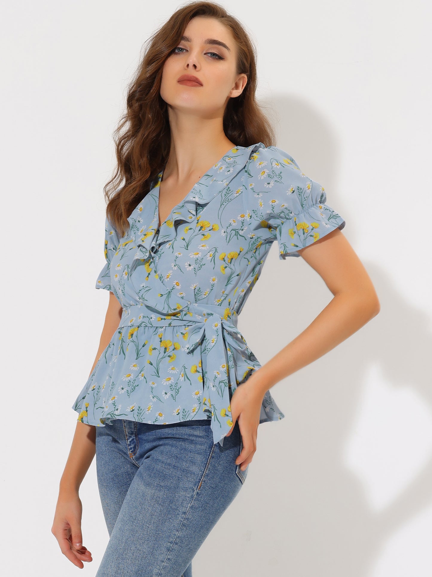 Blusa cruzada con volantes y cuello en V cruzado para mujer
