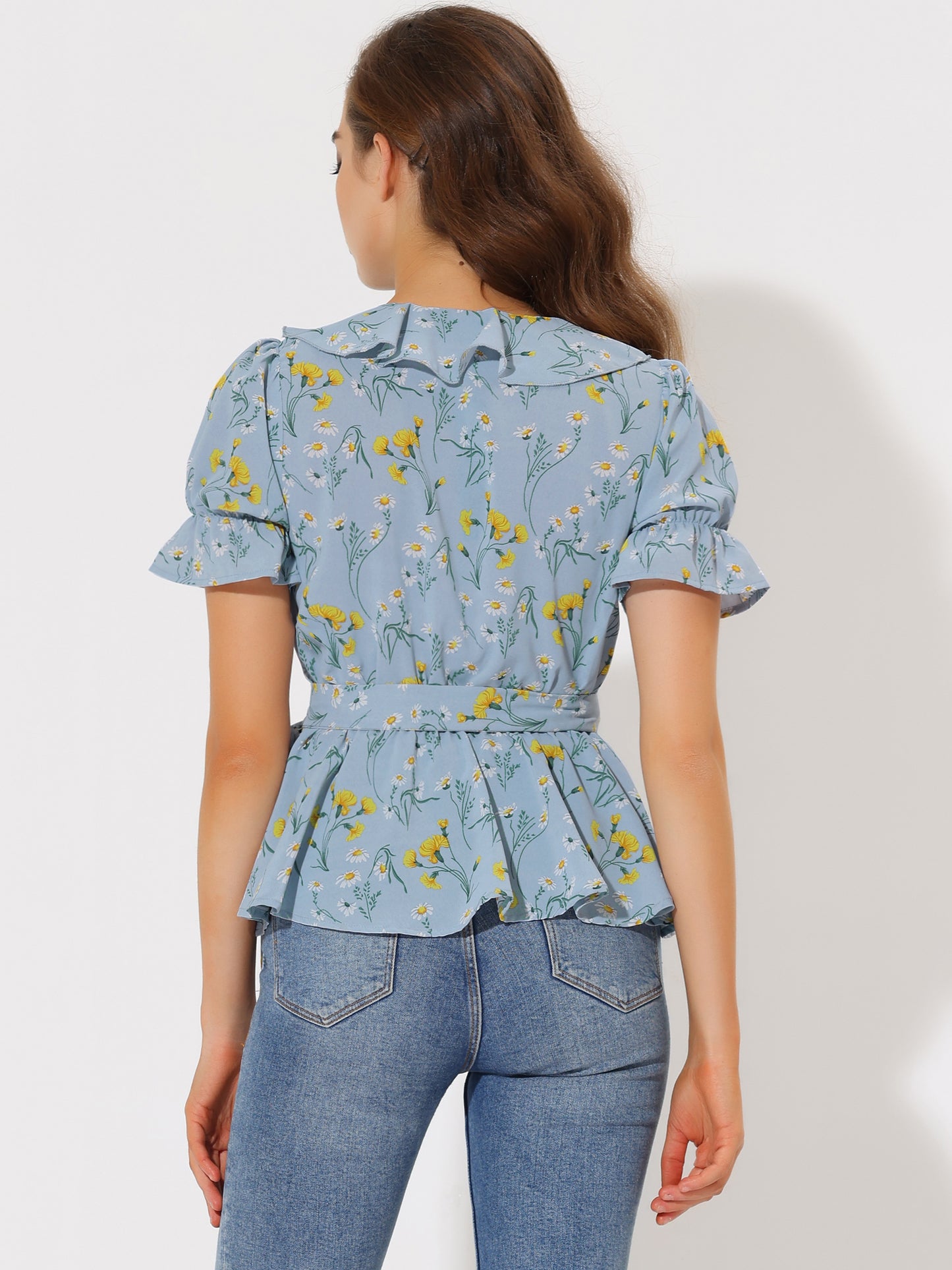 Blusa cruzada con volantes y cuello en V cruzado para mujer