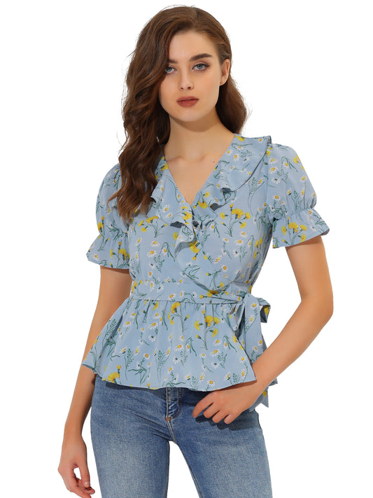 Blusa cruzada con volantes y cuello en V cruzado para mujer