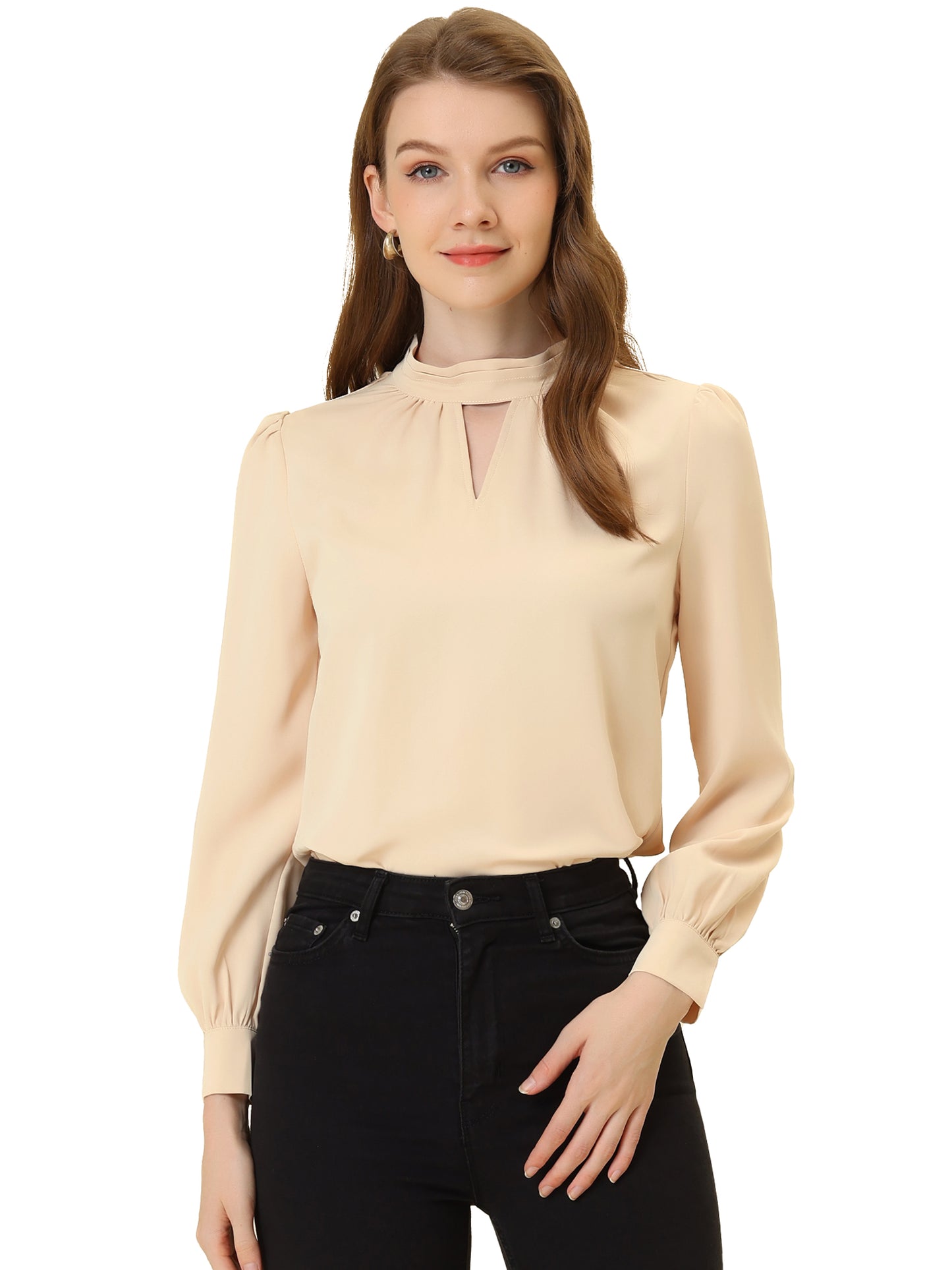 Women's Work Tops Business Casual Shirt Elegant Stand Collar Keyhole Long Sleeve Blouse (Available in Plus Size)