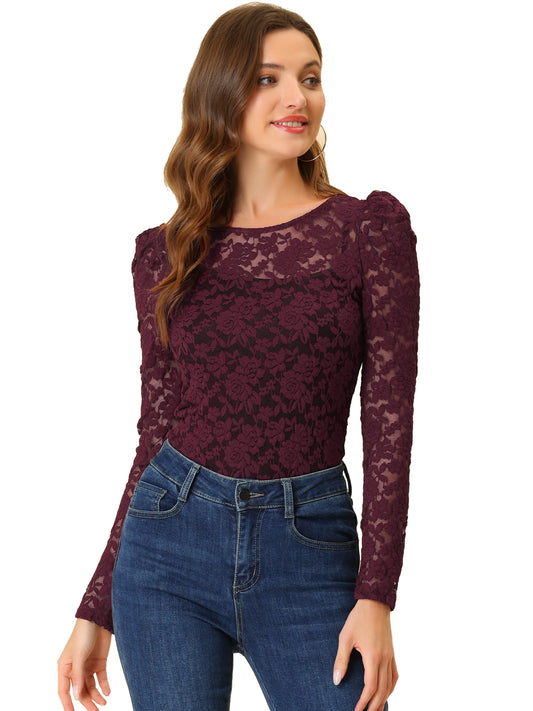 Women's Lace Embroidery Semi Sheer Vintage Puff Sleeve Top