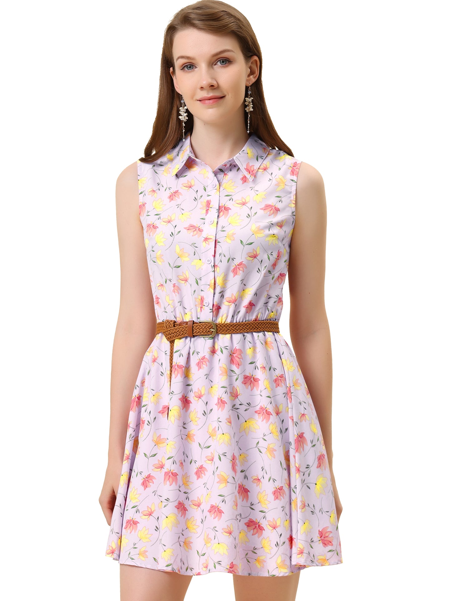 Women's Floral Printed Half Placket Above Knee Summer Sleeveless Belted Dress