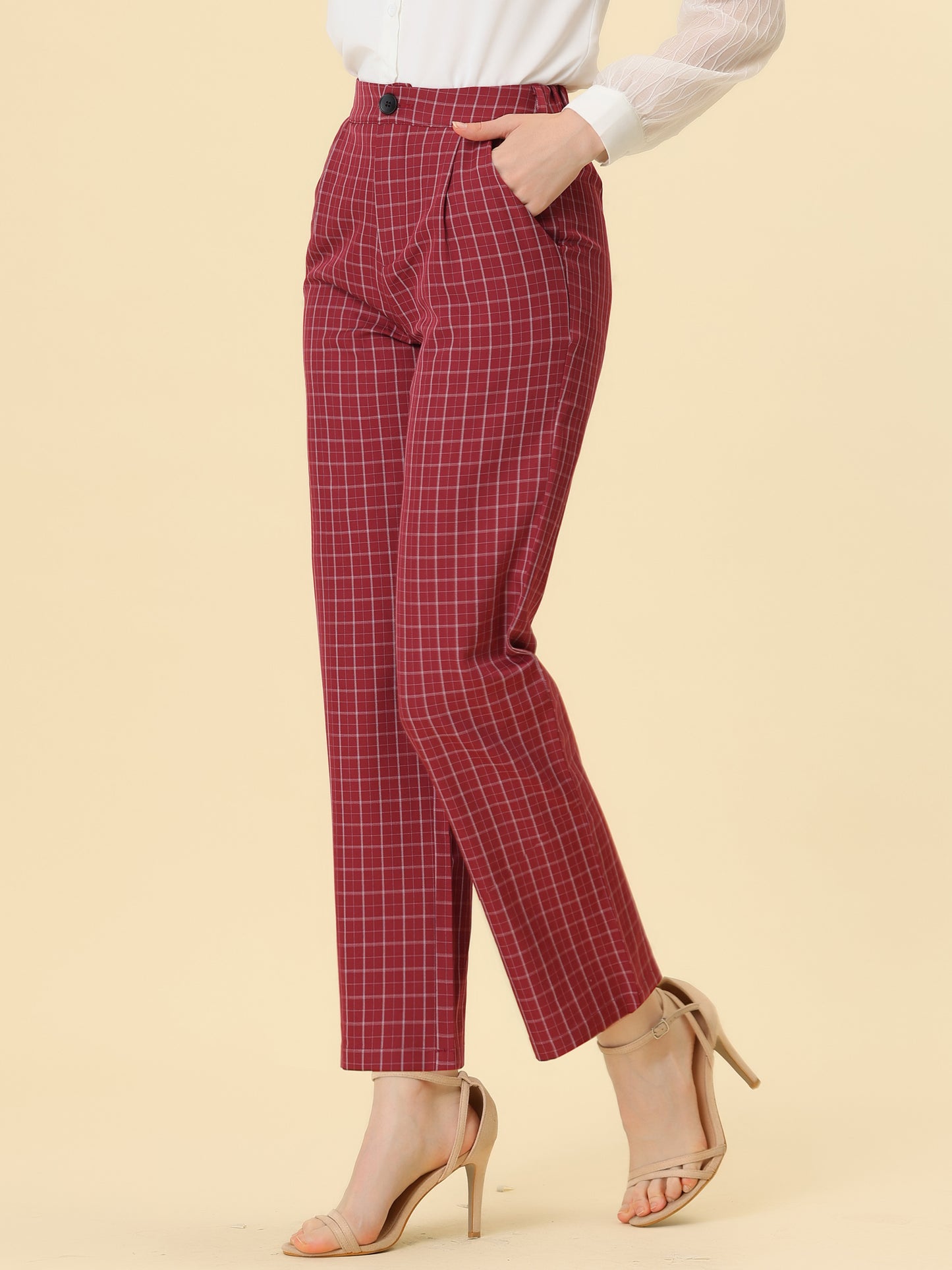 Pantalones a cuadros para mujer, cintura elástica, informales, para trabajo y oficina