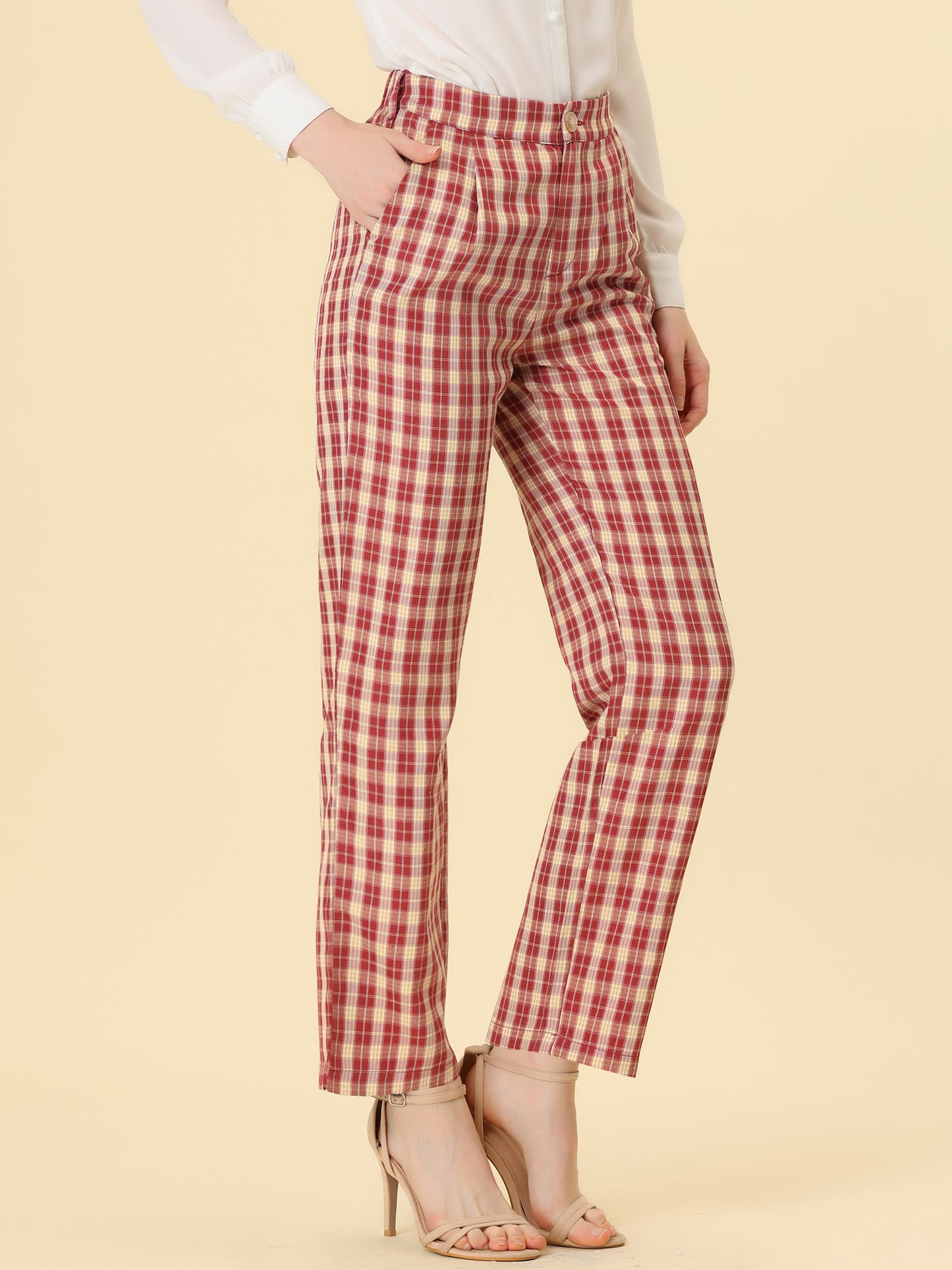 Women's Plaid Pants Elastic Waist Casual Work Office Long Trousers