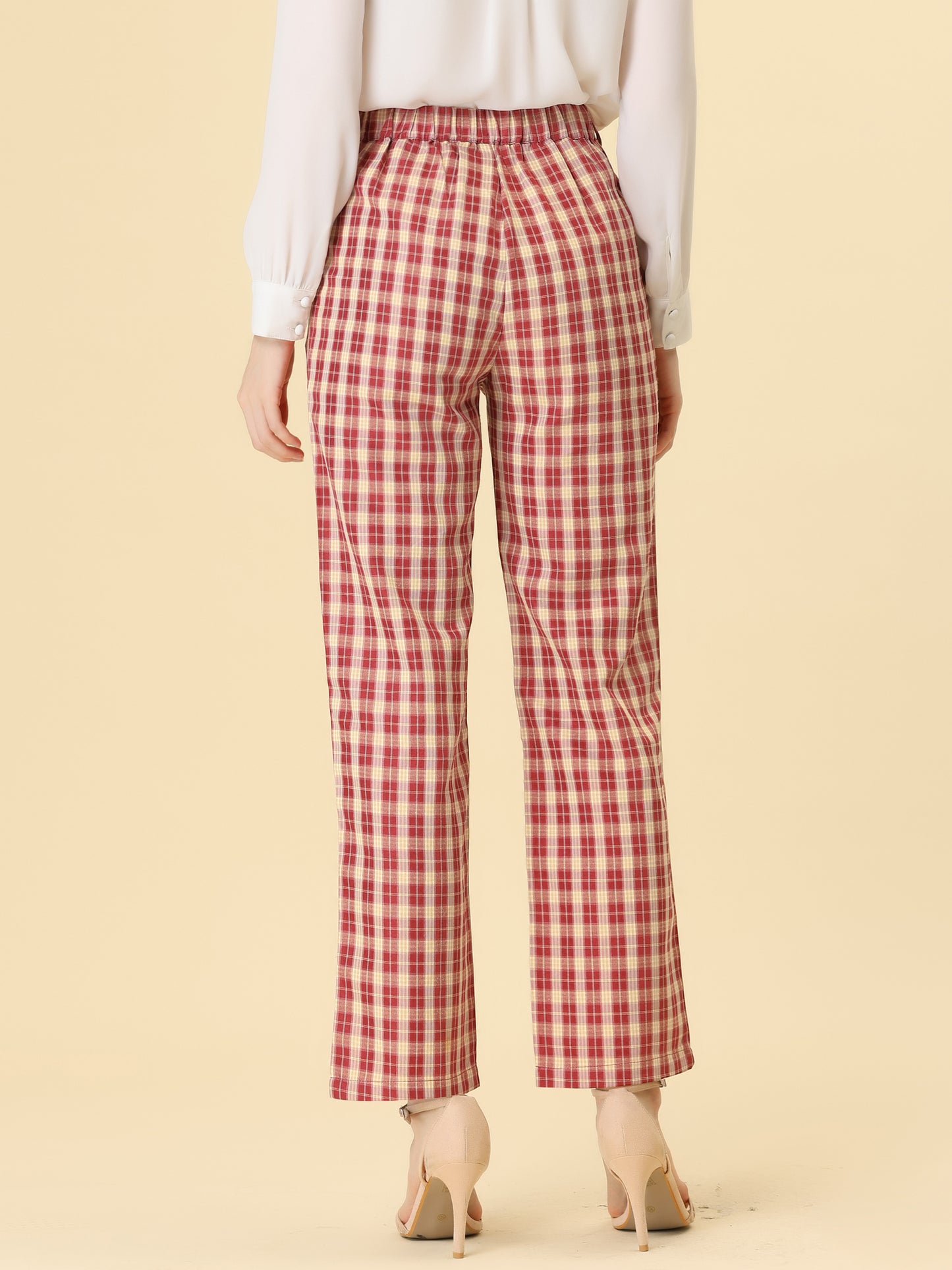 Women's Plaid Pants Elastic Waist Casual Work Office Long Trousers