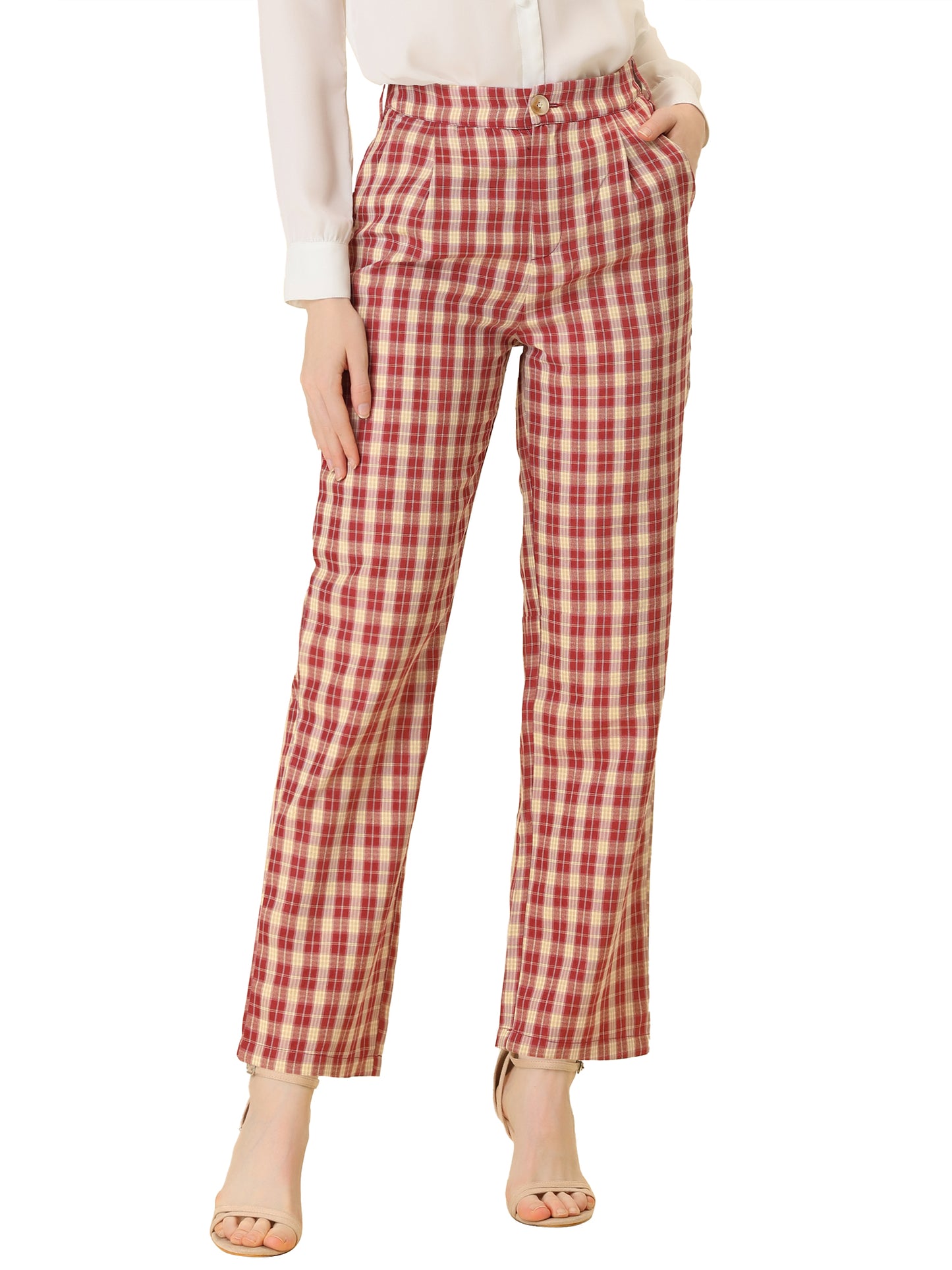 Women's Plaid Pants Elastic Waist Casual Work Office Long Trousers