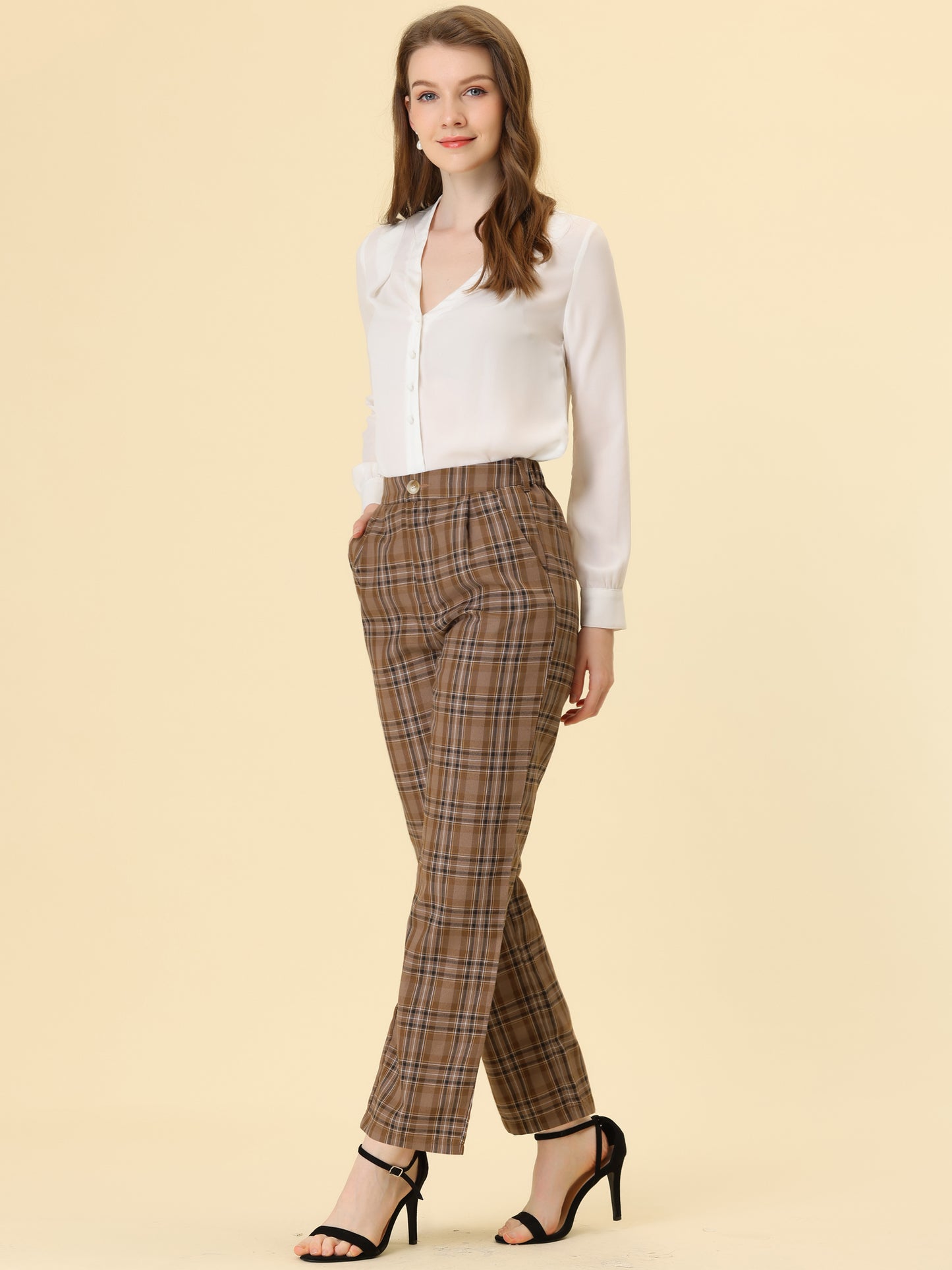 Pantalones a cuadros para mujer, cintura elástica, informales, para trabajo y oficina