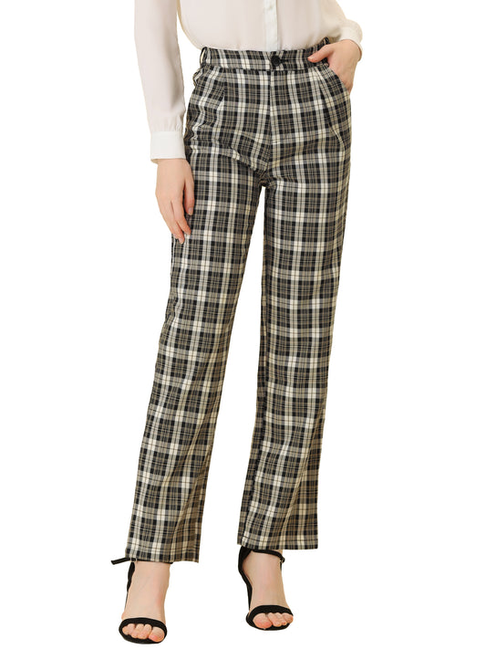 Women's Plaid Pants Elastic Waist Casual Work Office Long Trousers