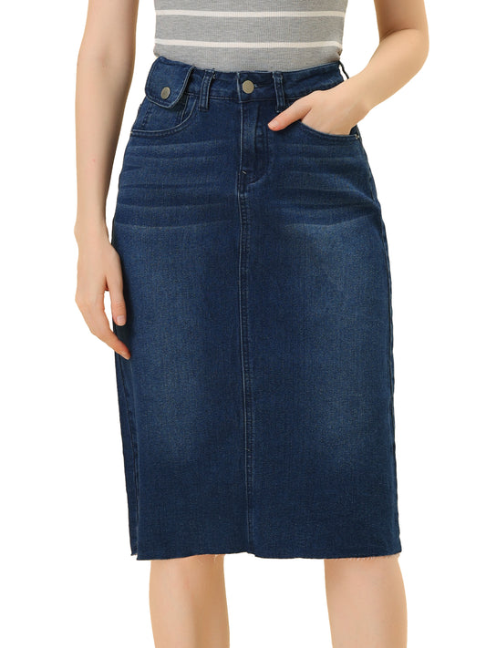 Women's Casual Jean Skirt High Waist Back Slit Stretch Denim Skirt (Available in Plus Size)