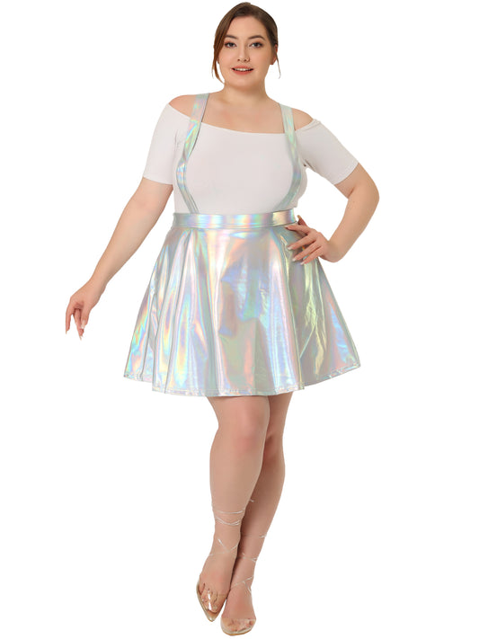 Women Plus Size Shiny Metallic Suspender Skirt High Waisted Holographic Rave Skirt