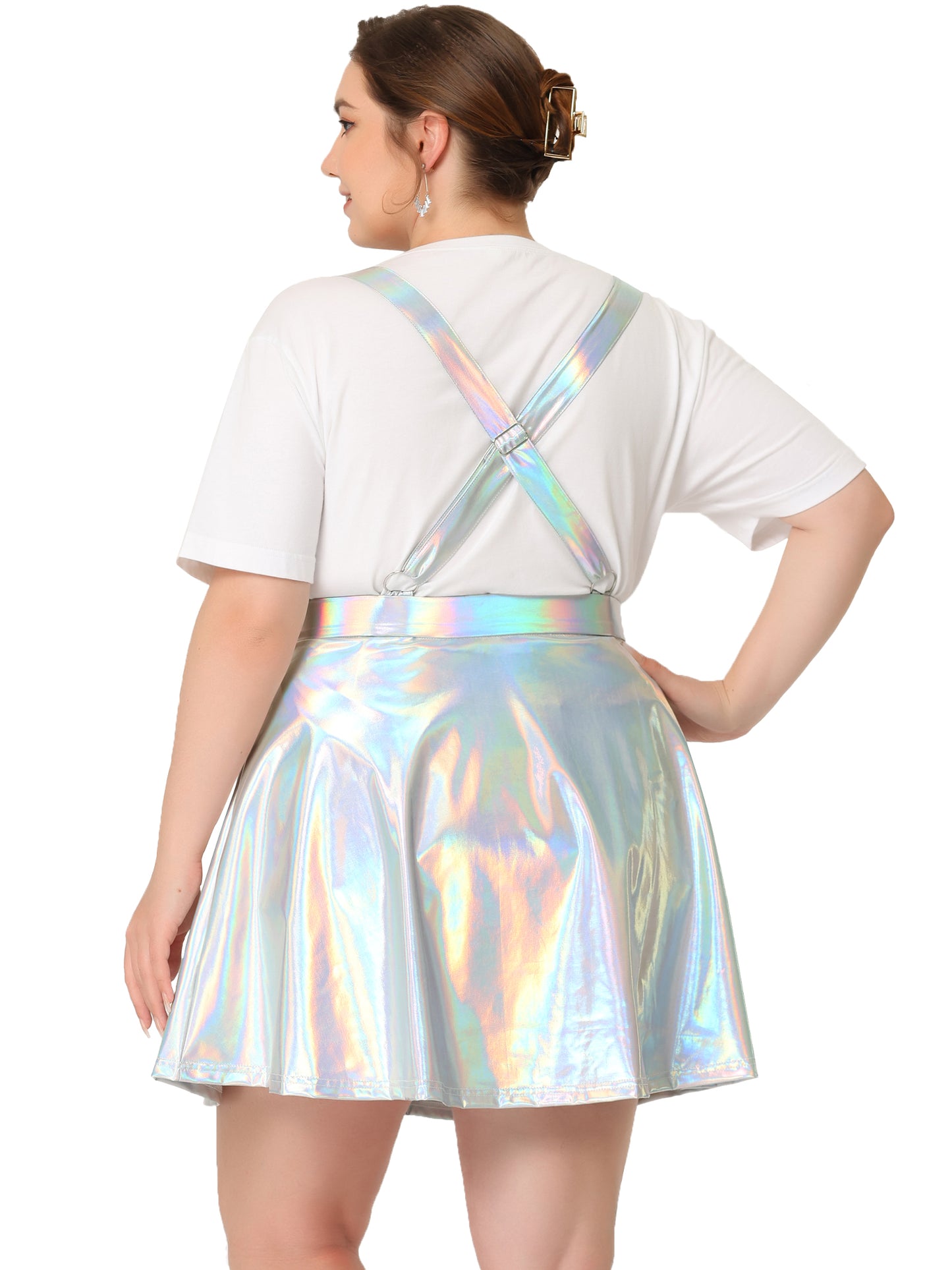 Women Plus Size Shiny Metallic Suspender Skirt High Waisted Holographic Rave Skirt