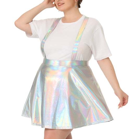 Women Plus Size Shiny Metallic Suspender Skirt High Waisted Holographic Rave Skirt