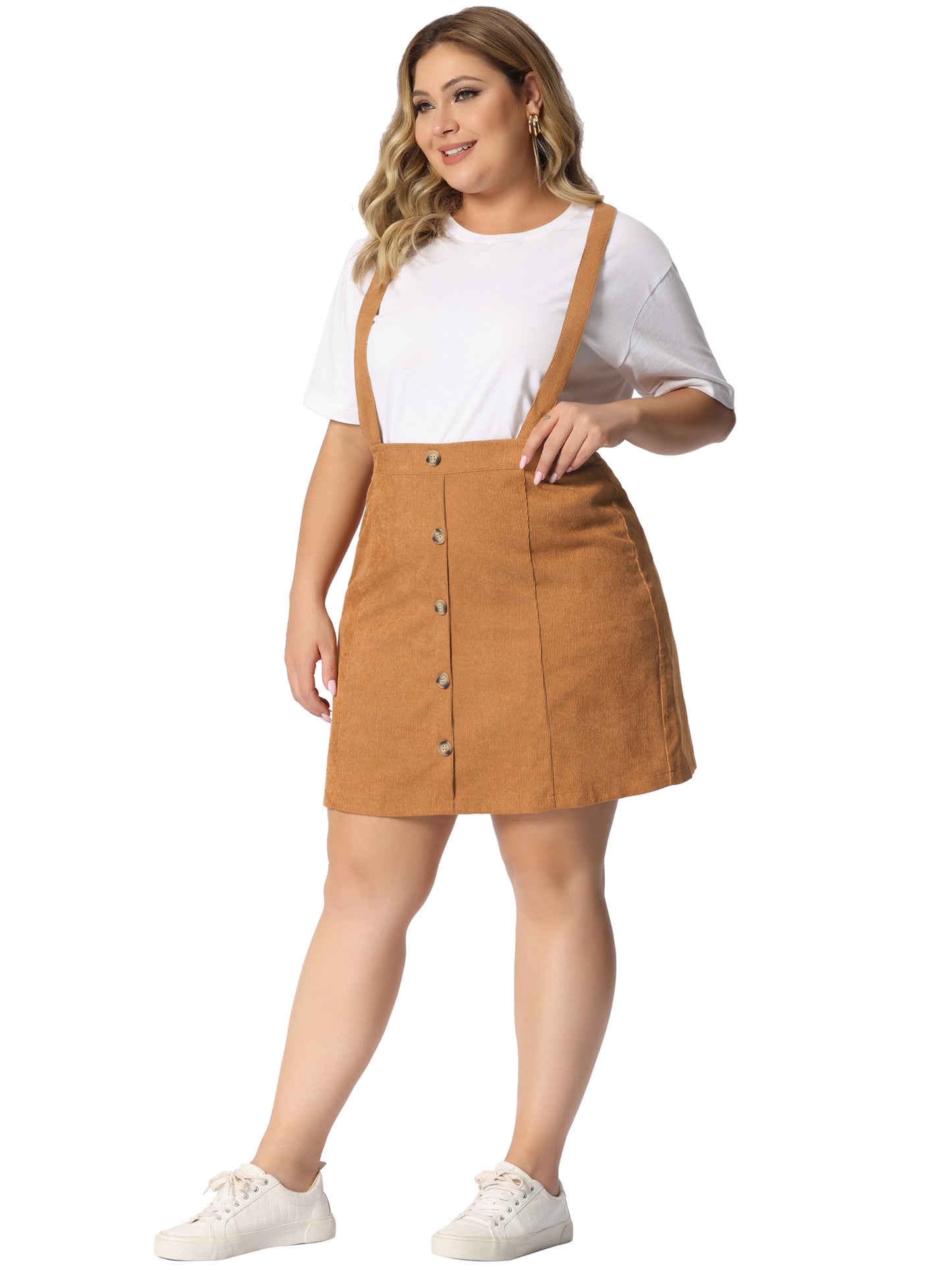 Falda de pana mini con tirantes, abotonada, acampanada y corte A para mujer, talla grande