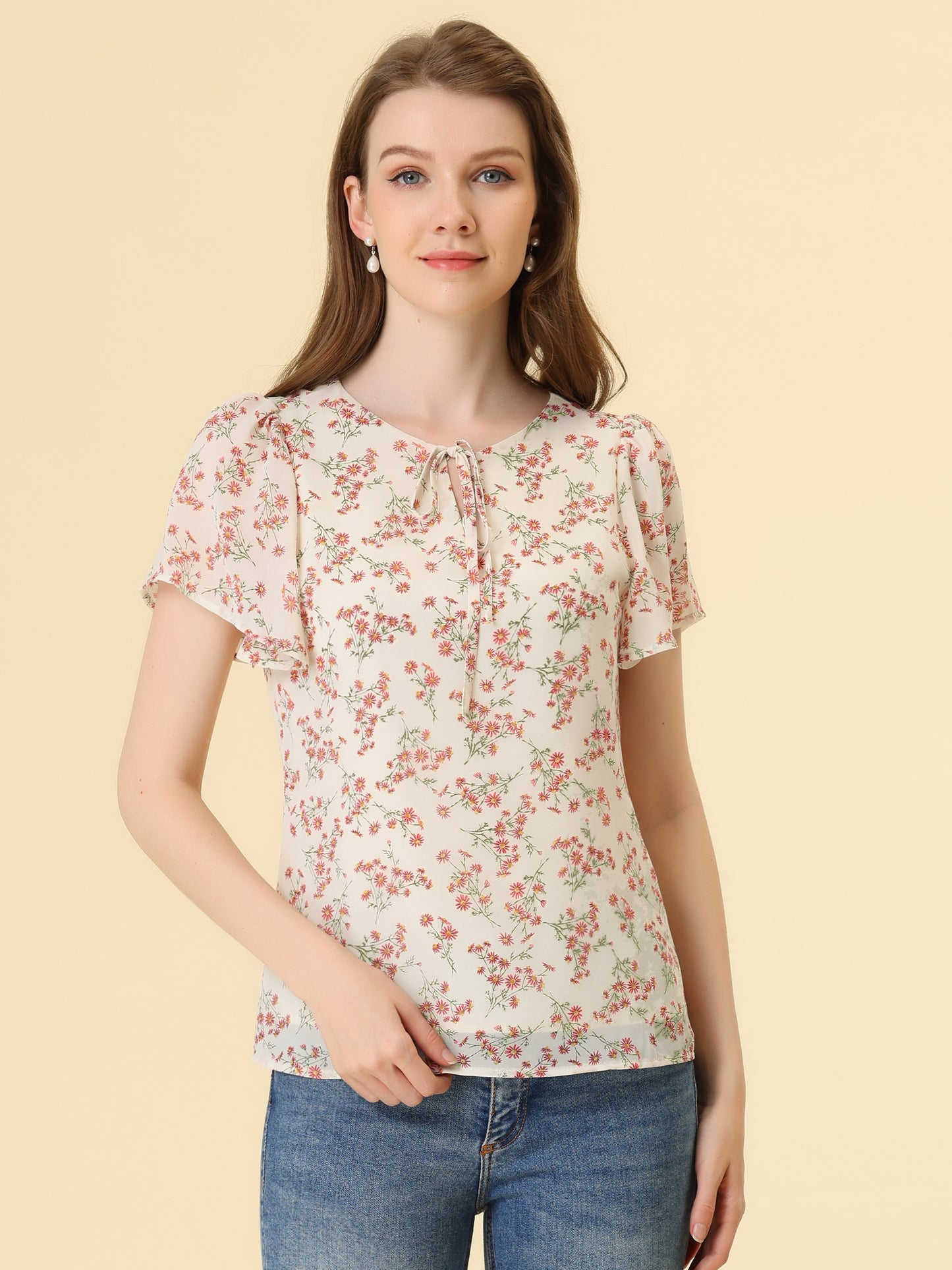Women's Tie V Neck Flutter Sleeves Elegant Top Floral Blouse