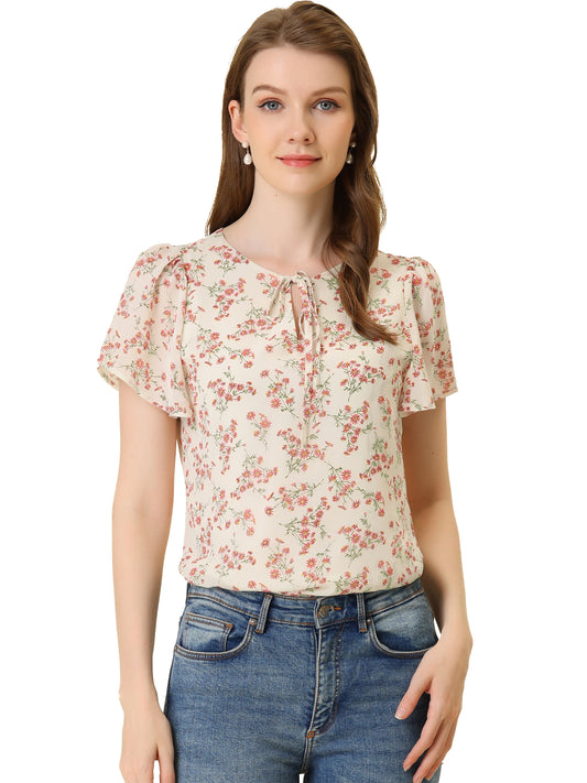 Women's Tie V Neck Flutter Sleeves Elegant Top Floral Blouse