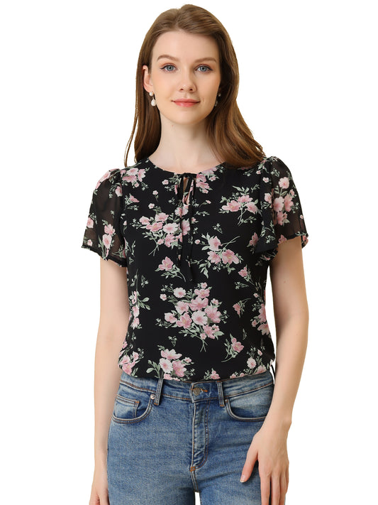 Blusa elegante con cuello en V y mangas abullonadas para mujer con estampado floral