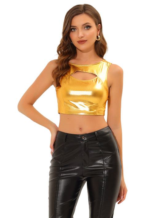 Women's Sleeveless Cut Out Party Clubwear Holographic Tank Metallic Crop Top