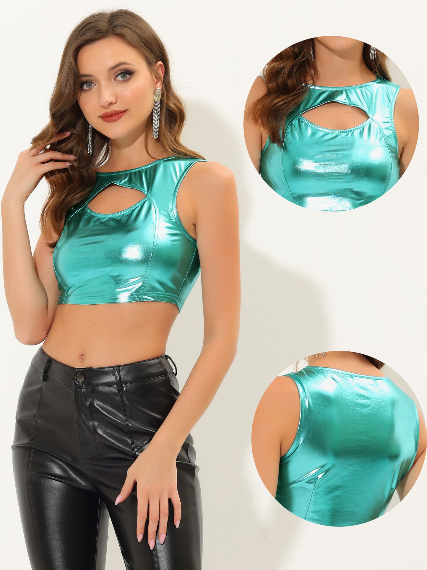 Women's Sleeveless Cut Out Party Clubwear Holographic Tank Metallic Crop Top