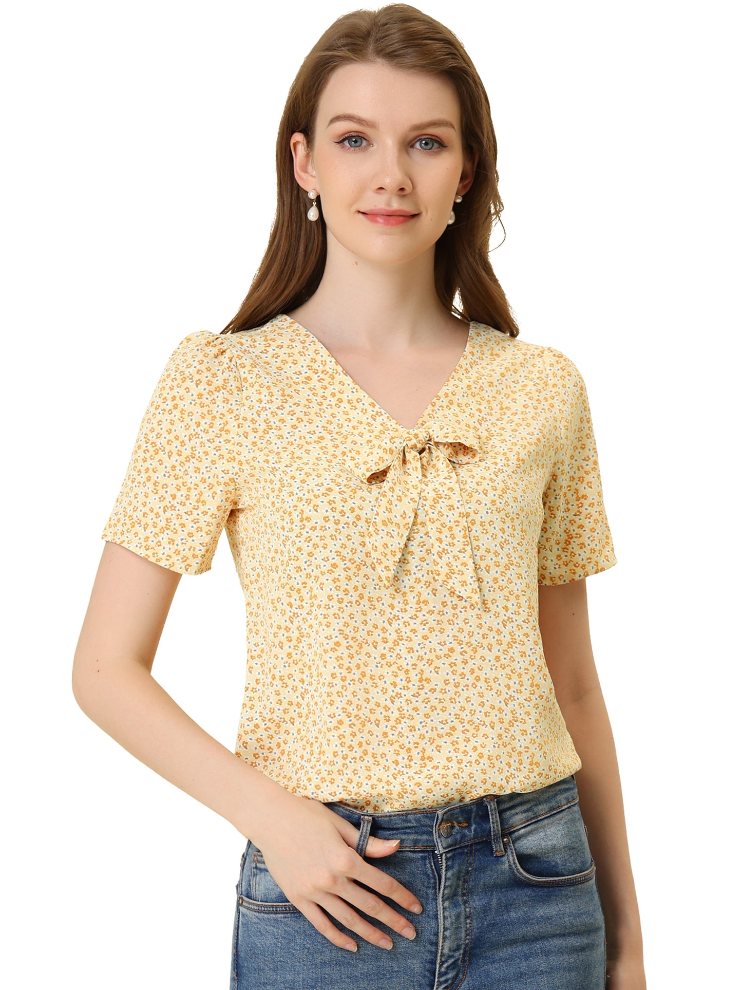 Women's Bow Tie V Neck Short Sleeve Print Blouse