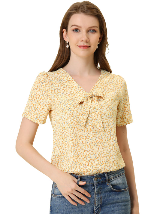 Women's Bow Tie V Neck Short Sleeve Print Blouse